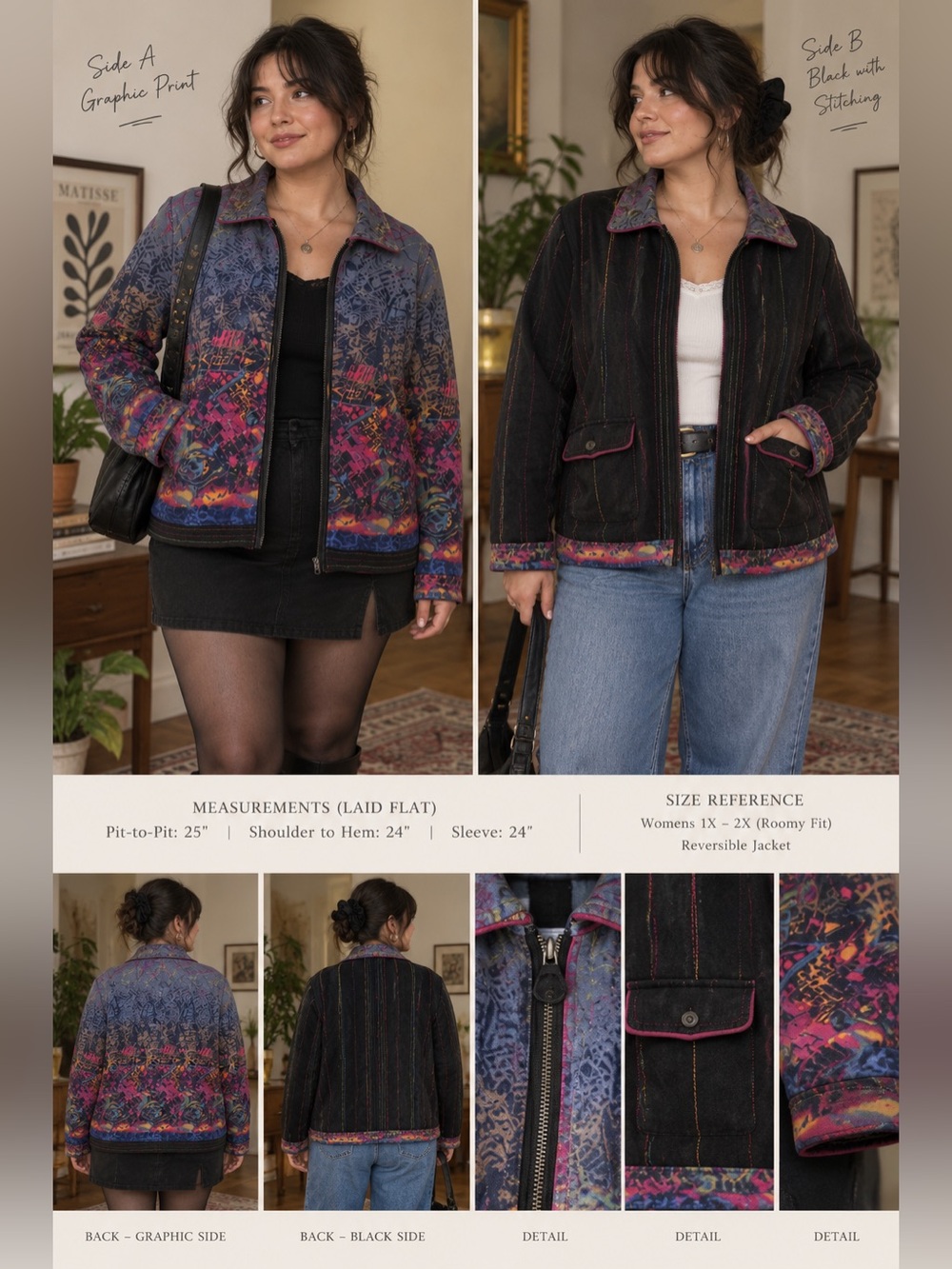 Vintage 90s Reversible Quilted Graffiti Abstract Art Zip Jacket Plus